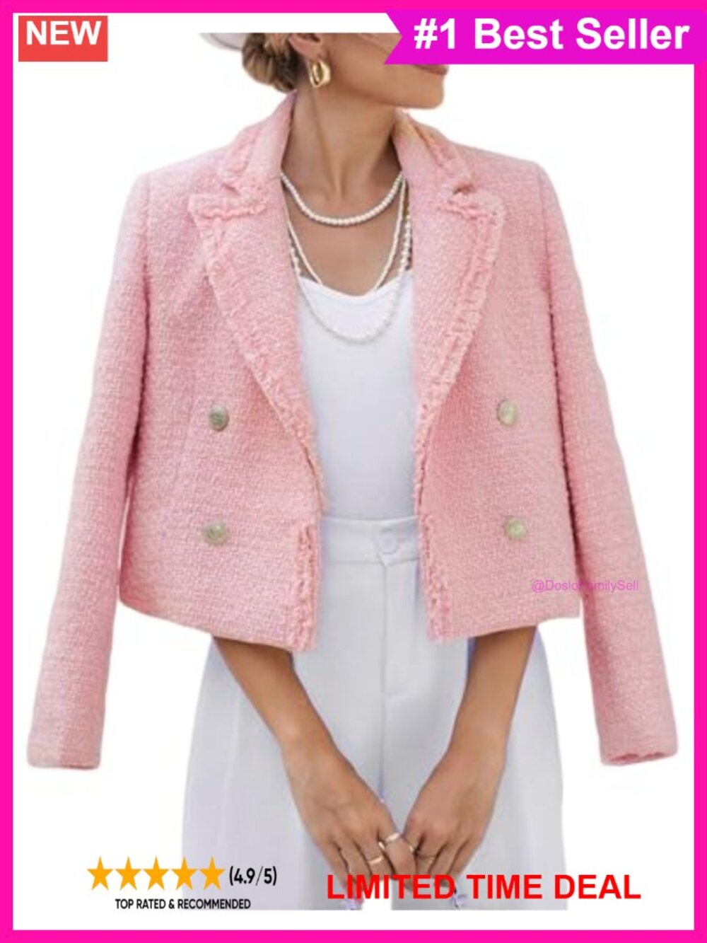 Cropped Tweed Blazer Jacket Fringe Double Breasted Business Casual